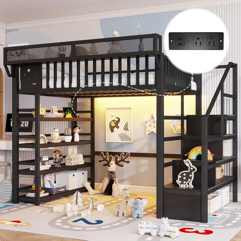 Full Size Metal Loft Bed with RGB Lights and Charging Station,High Loft Beds with 4 Shelf Bookcase and Storage Stairs,Heavy Duty Bed Frame with High Guardrail for Kids Teens,Black