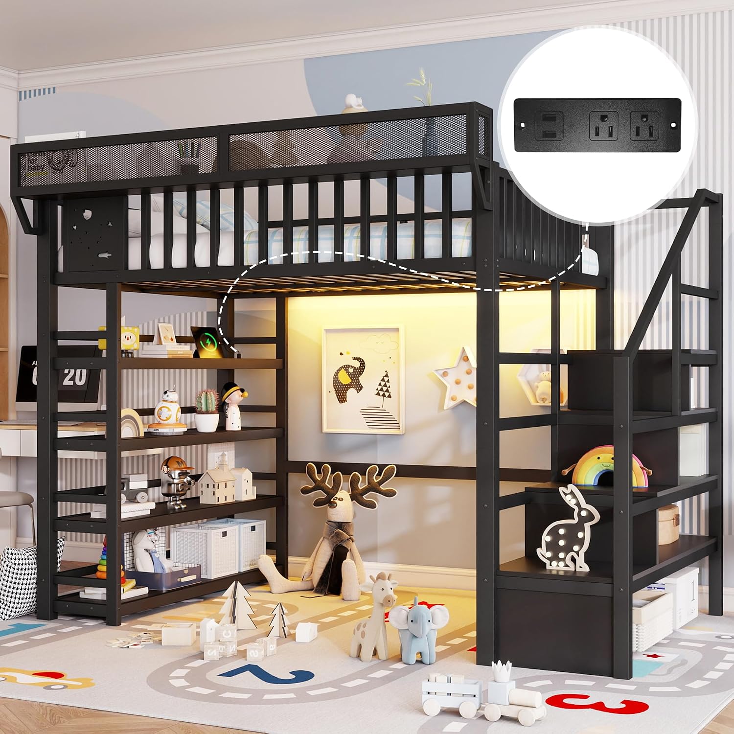 Full Size Metal Loft Bed with RGB Lights and Charging Station,High Loft Beds with 4 Shelf Bookcase and Storage Stairs,Heavy Duty Bed Frame with High Guardrail for Kids Teens,Black