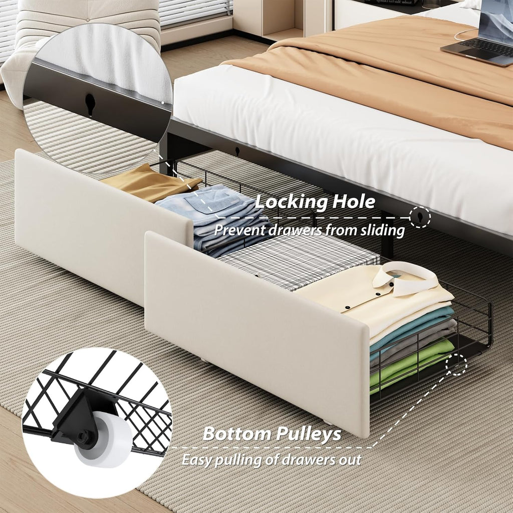 Full Bed Frame with Storage Drawers, LED Bed Frame with Charging Station, Velvet Button Tufted Upholstered Headboard, Wood Slats Support Noise-Free, No Box Spring Needed, Beige