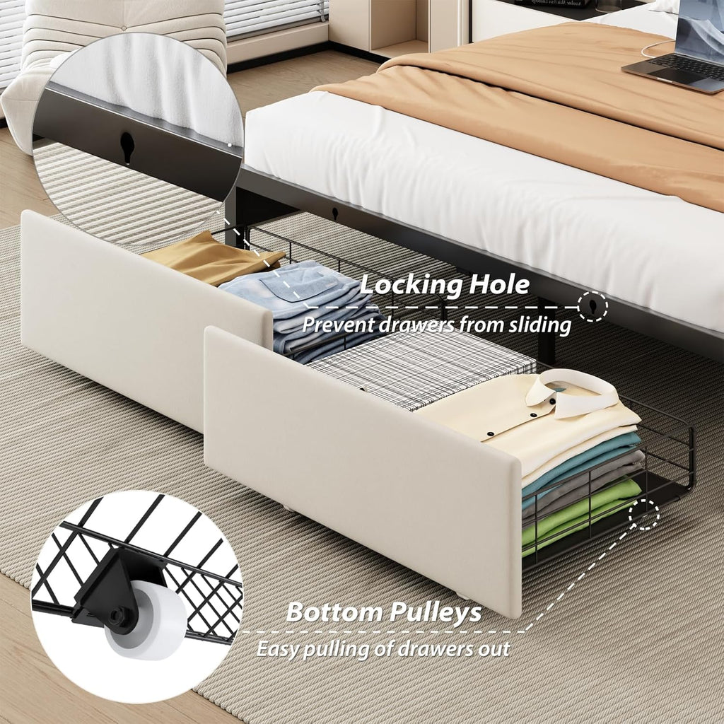 Queen Bed Frame with Storage Drawers, LED Bed Frame with Charging Station, Velvet Button Tufted Upholstered Headboard, Wood Slats Support Noise-Free, No Box Spring Needed, Beige