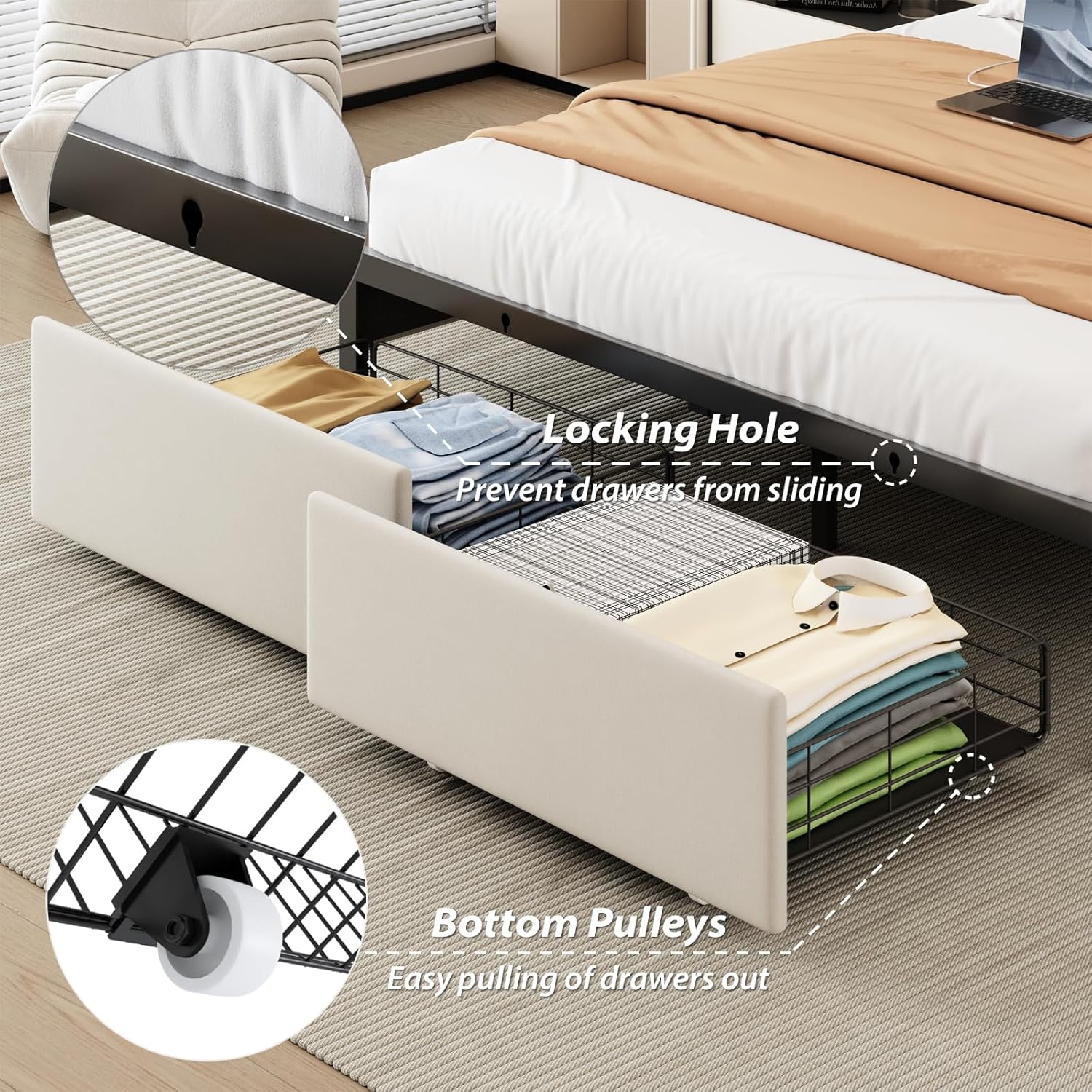 Queen Bed Frame with Storage Drawers, LED Bed Frame with Charging Station, Velvet Button Tufted Upholstered Headboard, Wood Slats Support Noise-Free, No Box Spring Needed, Beige