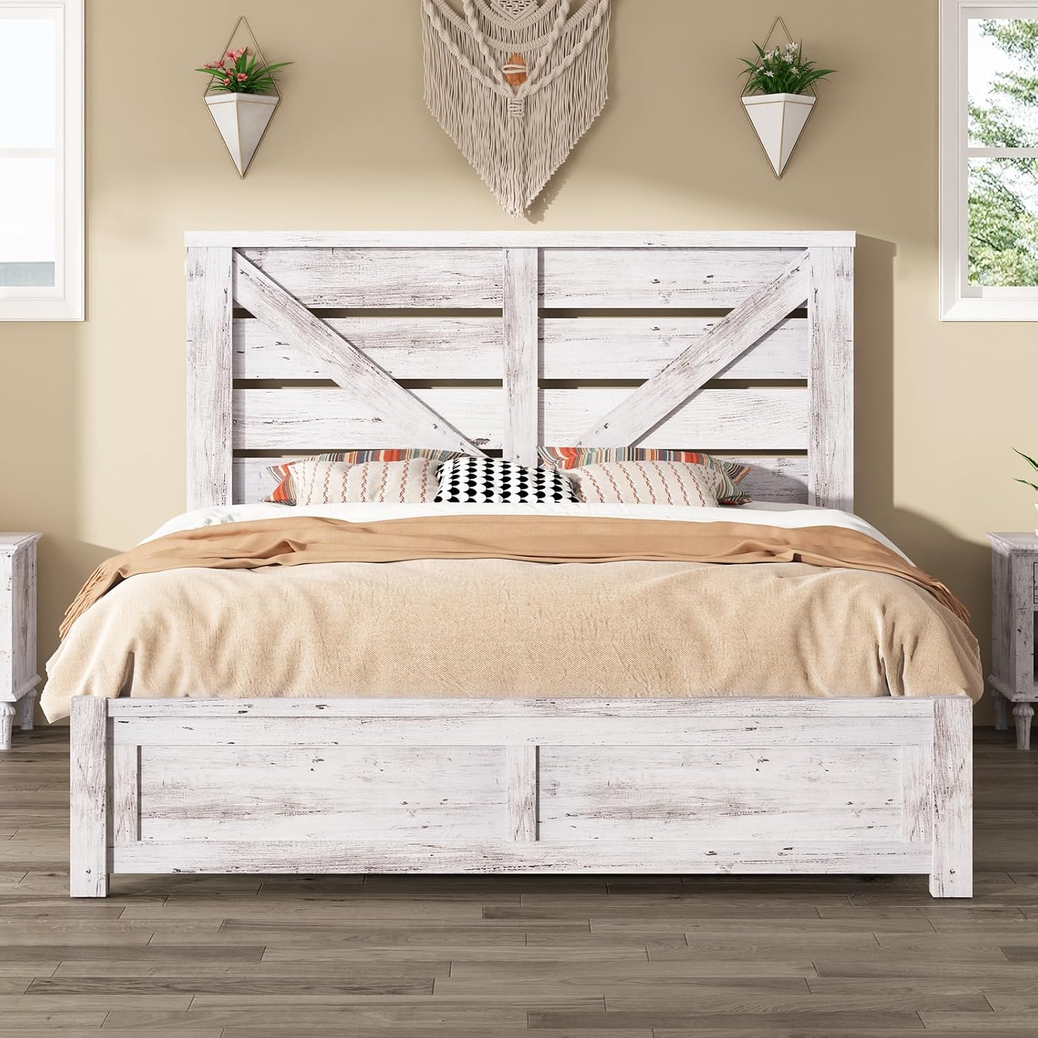 AMERLIFE Full Size Bed Frame with 49.2' Barn Door Headboard and Footboard, Farmhouse Platform Bed Frame with Wood Slats, No Box Spring Needed, Under Bed Storage, Distressed White
