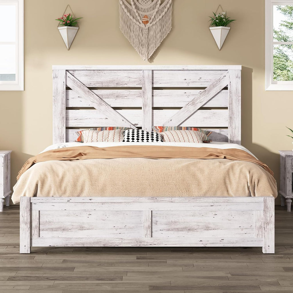 AMERLIFE Queen Size Bed Frame with 49.2' Barn Door Headboard and Footboard, Farmhouse Platform Bed Frame with Wood Slats, No Box Spring Needed, Under Bed Storage, Distressed White