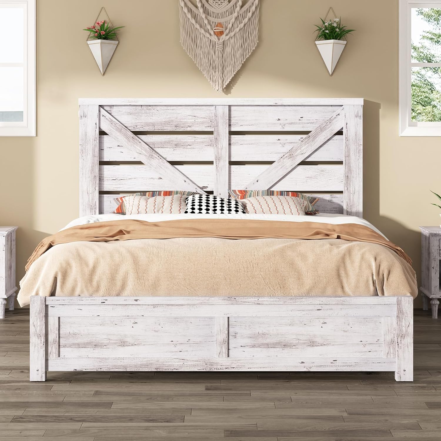 AMERLIFE Queen Size Bed Frame with 49.2' Barn Door Headboard and Footboard, Farmhouse Platform Bed Frame with Wood Slats, No Box Spring Needed, Under Bed Storage, Distressed White