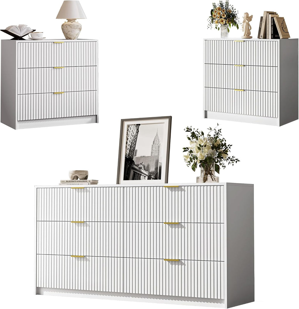 MAISONARIA 3-Piece Dresser Bedroom Set, 6 Drawer Dresser & 3 Drawer Nightstands with Gold Handles, Fluted Wood Chest of Drawers for Bedroom, Living Room, Entryway, White