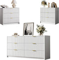 MAISONARIA 3-Piece Dresser Bedroom Set, 6 Drawer Dresser & 3 Drawer Nightstands with Gold Handles, Fluted Wood Chest of Drawers for Bedroom, Living Room, Entryway, White