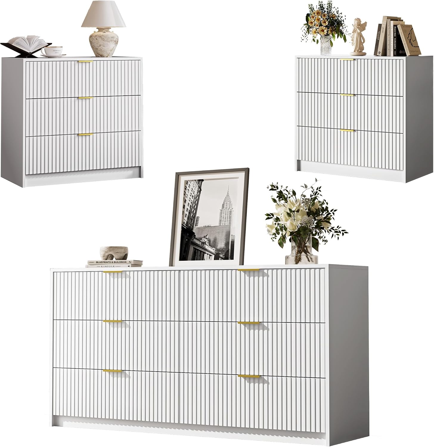 MAISONARIA 3-Piece Dresser Bedroom Set, 6 Drawer Dresser & 3 Drawer Nightstands with Gold Handles, Fluted Wood Chest of Drawers for Bedroom, Living Room, Entryway, White