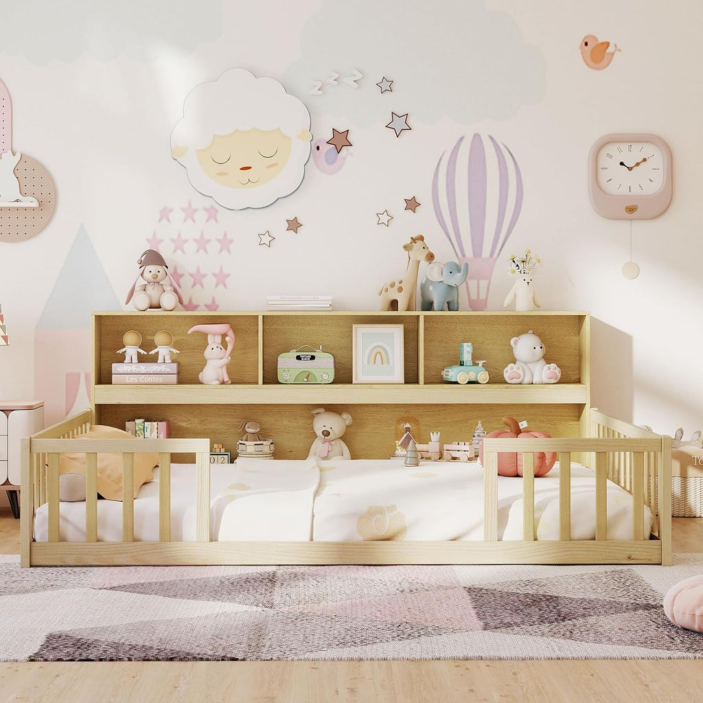 Giantex Full Size Floor Bed for Kids, Wooden Montessori Bed Frame with Bookcase, Storage Shelves & Safety Fence Rails, Floor Beds Full for Girls, Boys, No Box Spring Needed, Without Slats, Natural
