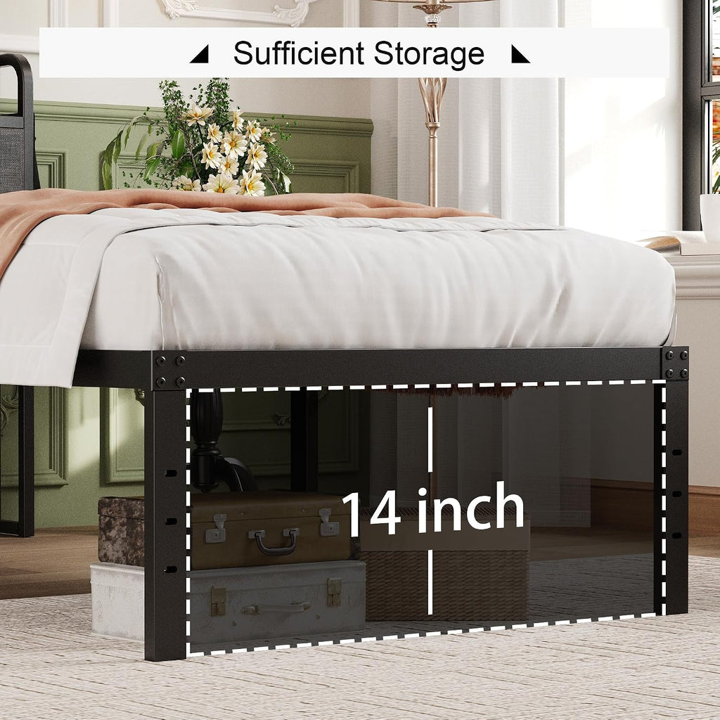 Lutown-Teen 16 Inch Twin Bed Frames with Upholstered Storage Headboard, Heavy Duty Twin Platform Bed No Box Spring Needed, Noise Free, Easy Assembly, Gray