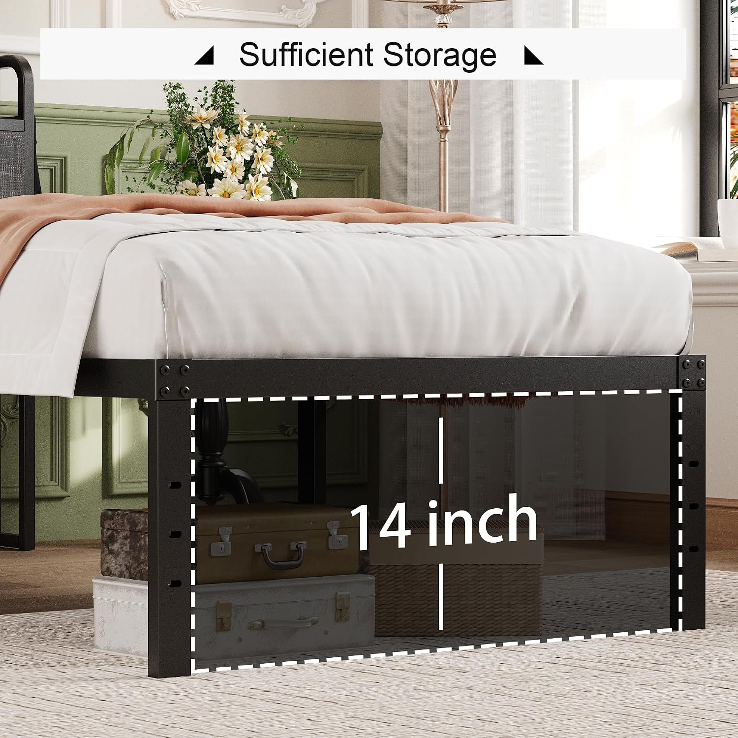 Lutown-Teen 16 Inch Twin Bed Frames with Upholstered Storage Headboard, Heavy Duty Twin Platform Bed No Box Spring Needed, Noise Free, Easy Assembly, Gray
