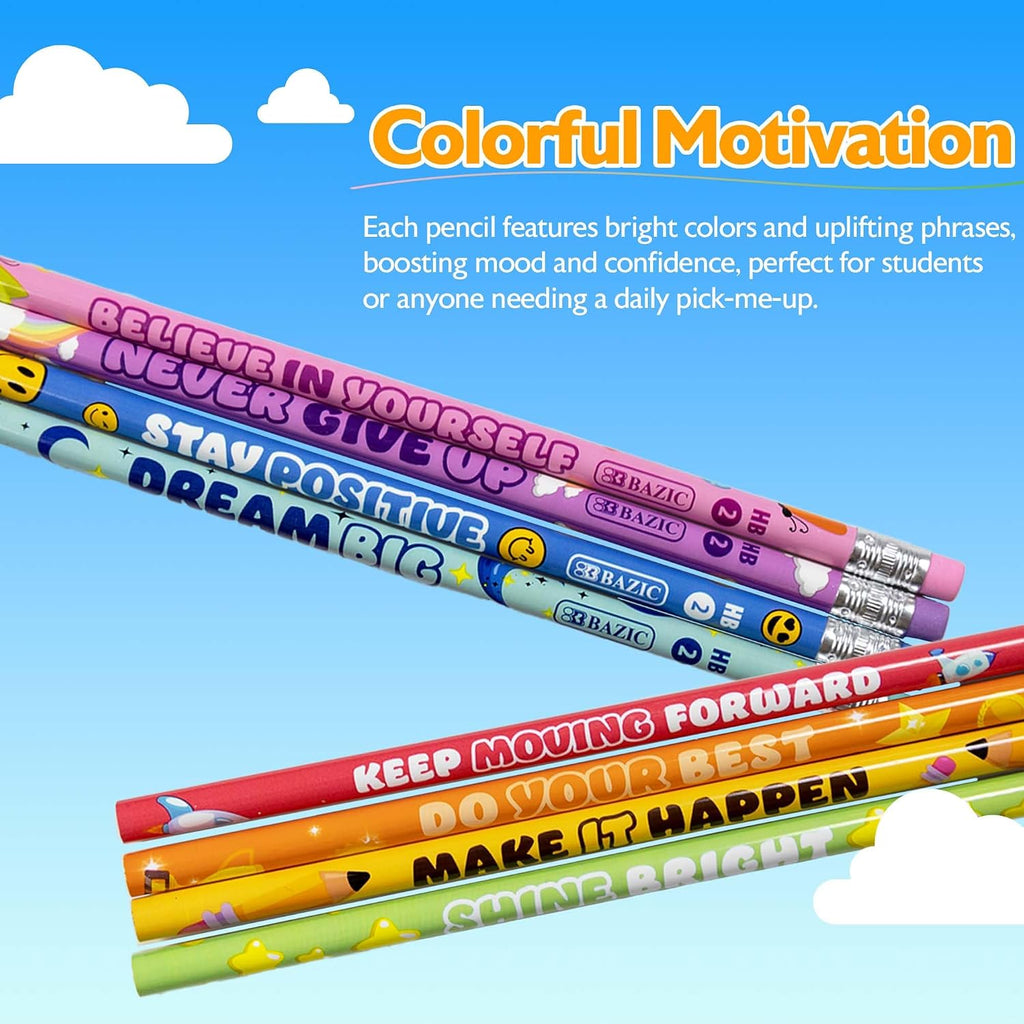 BAZIC PRODUCTS Motivational Pencils w/Eraser 144 Packs (1152 Pcs), Inspirational School Pencils for Students Classroom Cute Fun Wood Pencil Positive Sayings Teacher Reward
