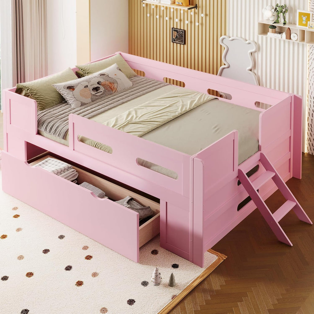 VilroCaz Modern Twin Size Platform Bed with Guardrail and Large Drawer, Wood Kids Platform Bed Frame with Two-Step Ladder for Boys Girls, Sturdy Slats Support (Pink-1.12T)
