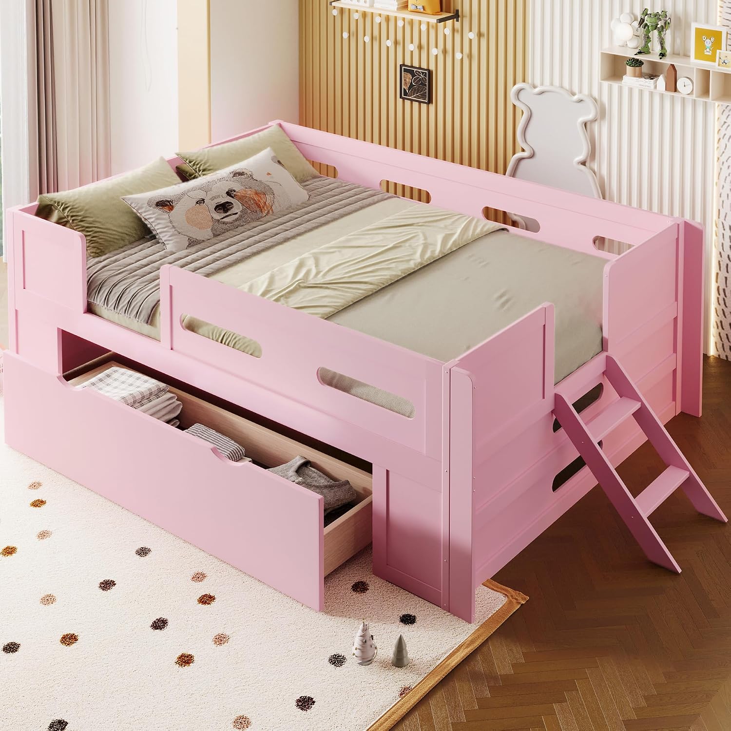 VilroCaz Modern Twin Size Platform Bed with Guardrail and Large Drawer, Wood Kids Platform Bed Frame with Two-Step Ladder for Boys Girls, Sturdy Slats Support (Pink-1.12T)