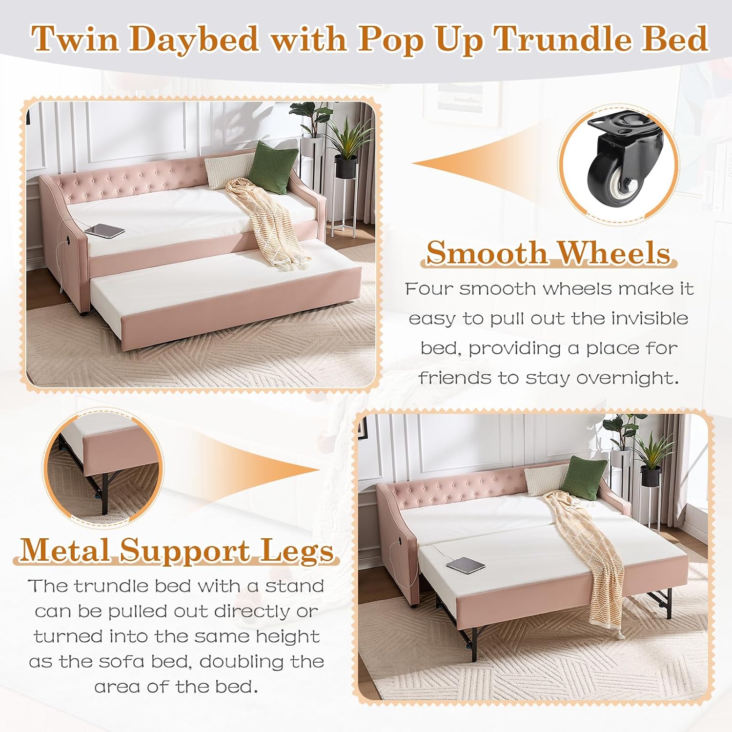 Twin to King Daybed with Trundle, USB Ports Soft Upholstered Daybed with Pop Up Trundle Bed Twin, Modern Extendable Day Bed Frame for Girls Bedroom Living Room Guest Room Small Places Blush Pink