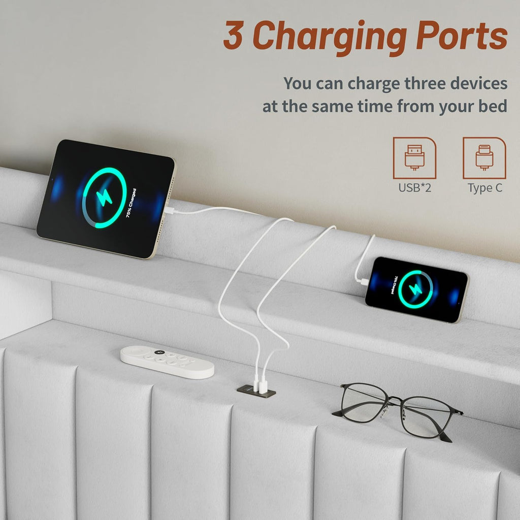 CypBed King Size Bed Frame with 4 Storage Drawers,Velvet Upholstered Platform King Bed Frame and Headboard, 3 USB & Type-C Charging Ports, Solid Wood Slats, No Box Spring Needed, No-Noise, White,Gifts