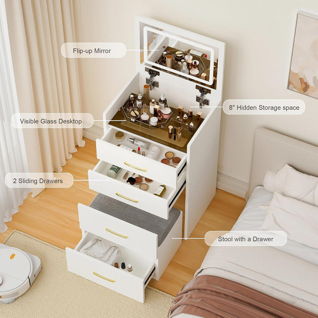 3 in 1 Vanity Desk with Open Top Mirror,Small Make Up Vanitys Set with Visible Glass Desktop,Compact Makeup Vanity with 3 Drawers,Dressing Table for Bedroom