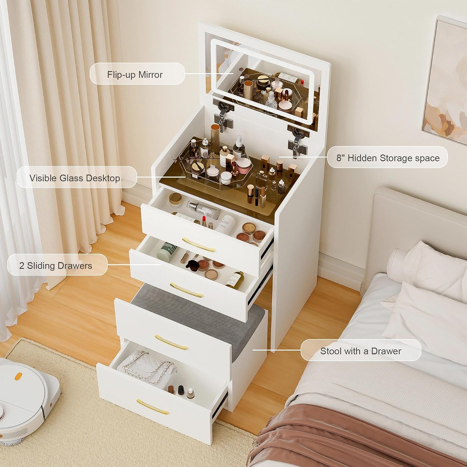3 in 1 Vanity Desk with Open Top Mirror,Small Make Up Vanitys Set with Visible Glass Desktop,Compact Makeup Vanity with 3 Drawers,Dressing Table for Bedroom