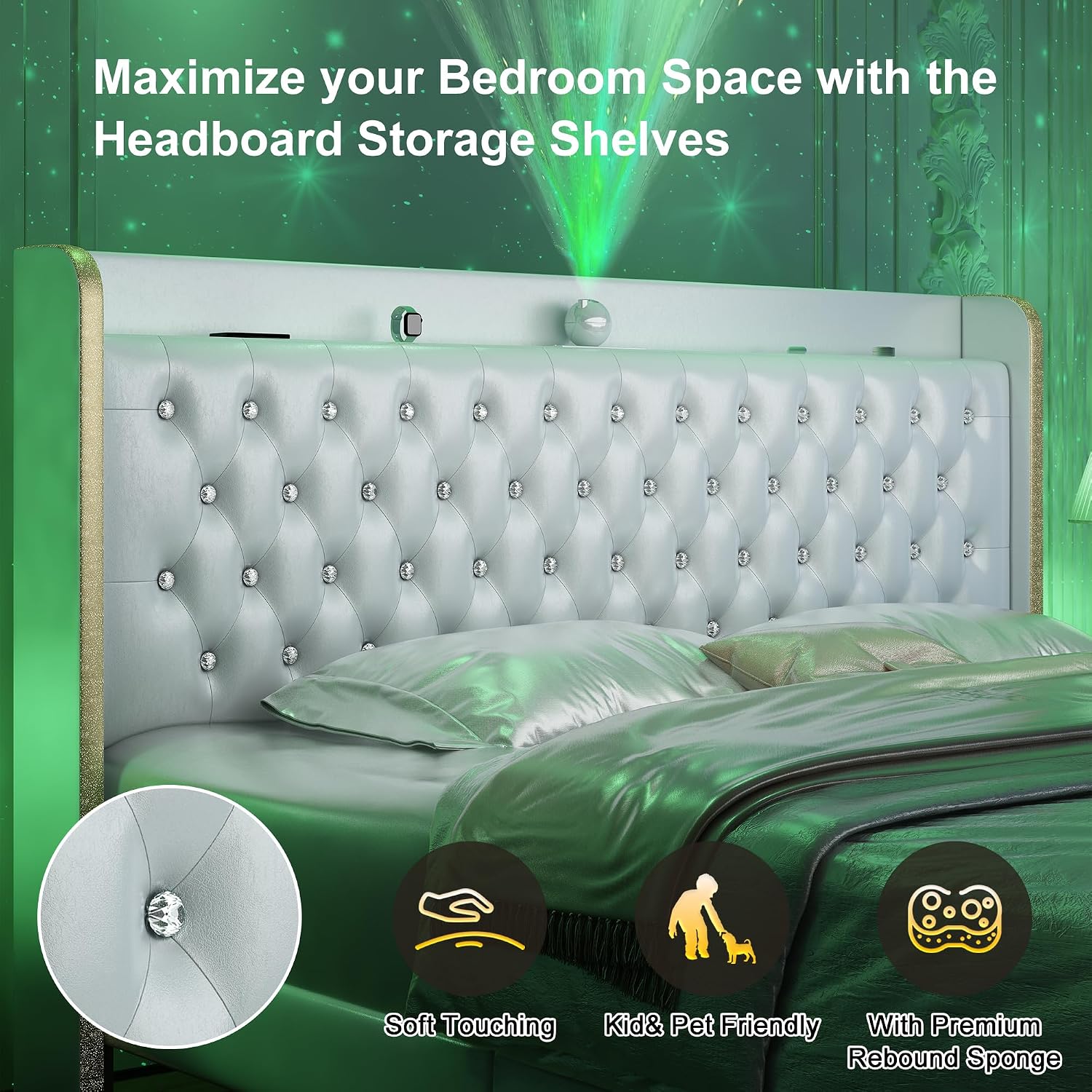 GEGOFORU King Led Bed Frame with Galaxy Projector, Modern Wingback Upholstered Platform, Sturdy Noiseless Design, Headboard with Star Accents, Simple Assembly Required，No Box Spring Needed, PU White