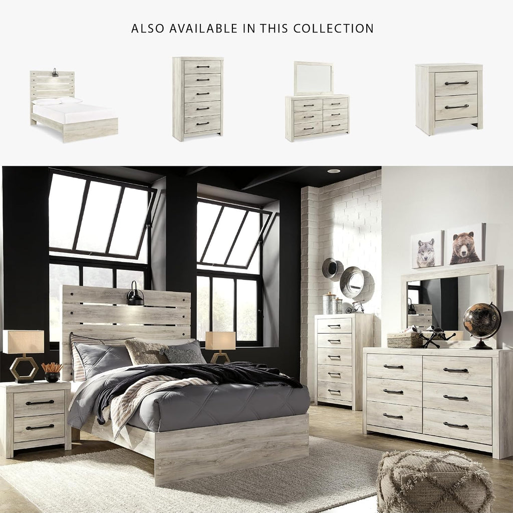 Signature Design by Ashley Cambeck Farmhouse Full Panel Bed with Sconce Light and USB Ports, Foundation or Box Spring Needed, Whitewash