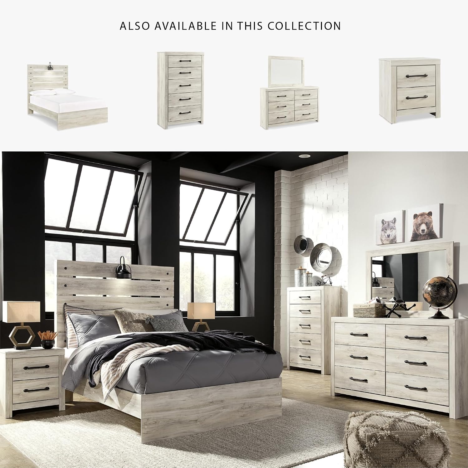 Signature Design by Ashley Cambeck Farmhouse Full Panel Bed with Sconce Light and USB Ports, Foundation or Box Spring Needed, Whitewash