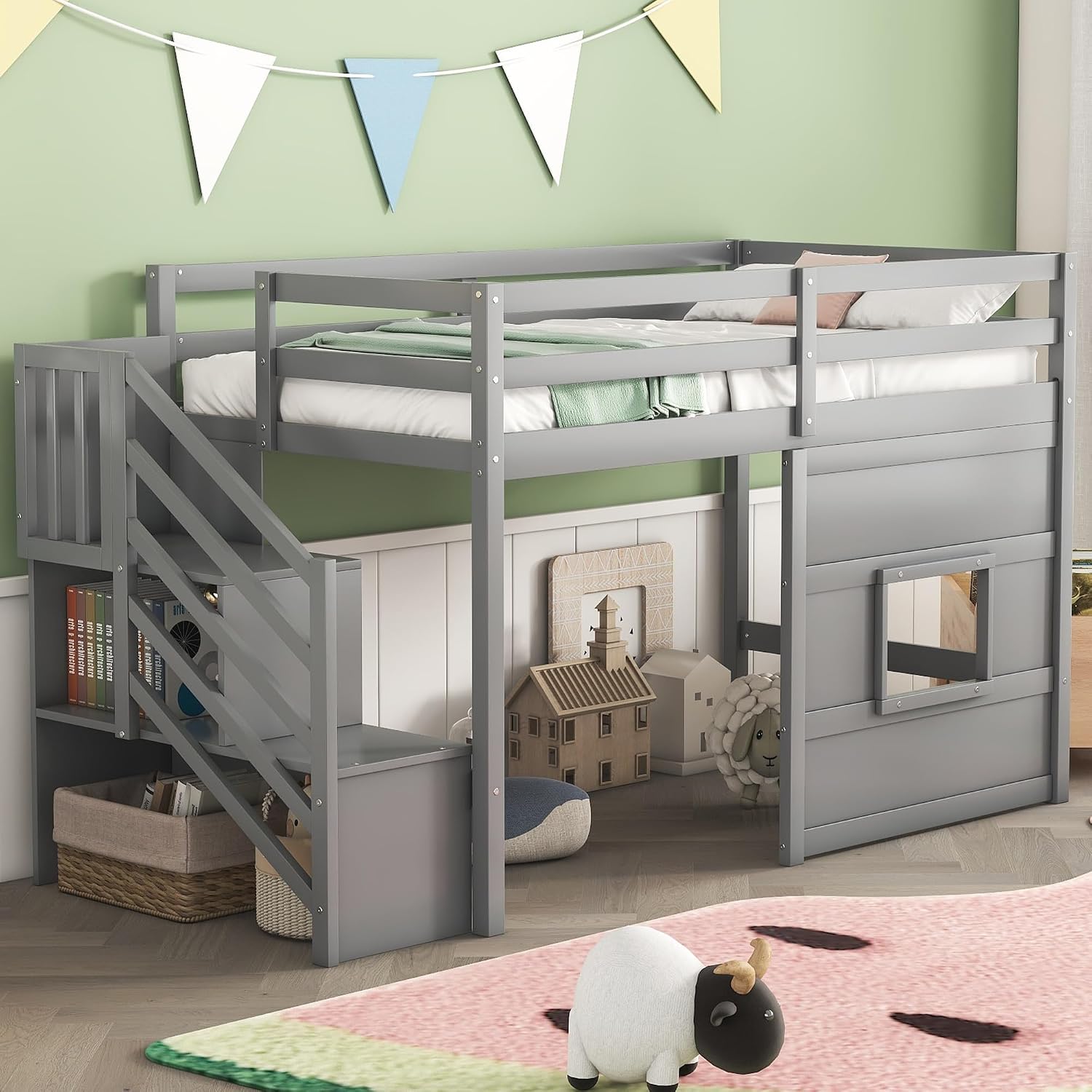 Harper & Bright Designs Low Loft Bed Twin Size with Stairs and Storage Shelves for Saving Space, Wood Loft Bed Frame with Window, Grey