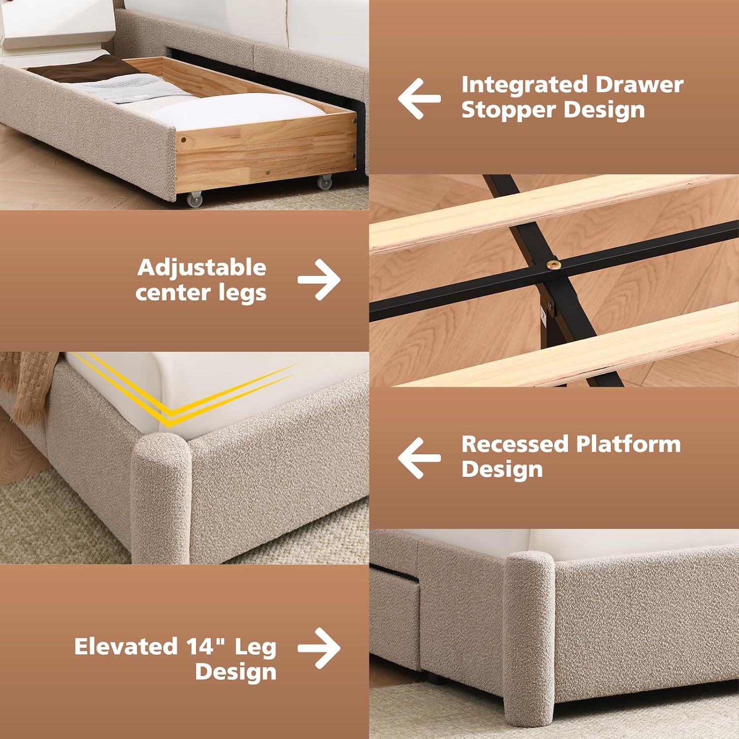 VELOCAVA Queen Size Upholstered Bed Frame with 51.77' Tall Headboard and Soft Rounded Corners, Side Storage Drawers, 12-Slat Support, No Box Spring Needed, Bouclé Texture, Beige