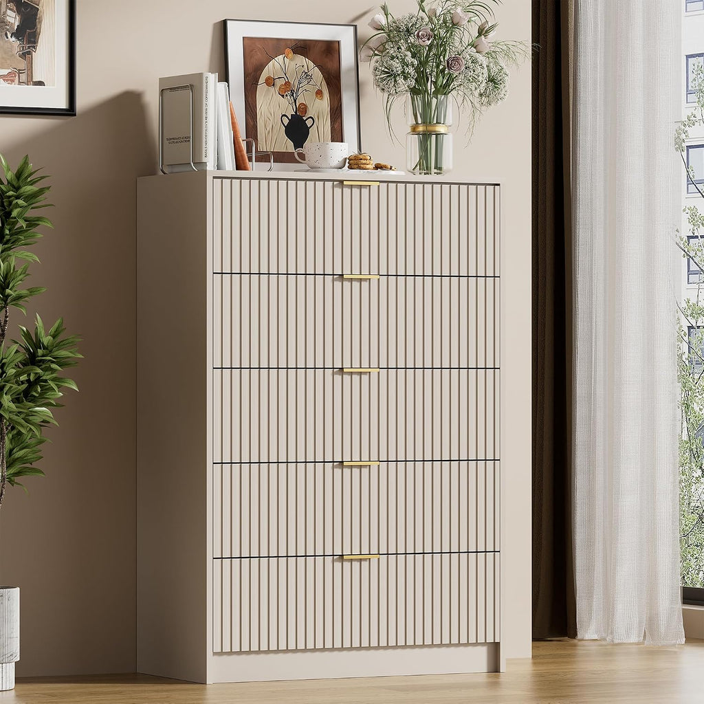 Furniway Beige Dresser for Bedroom, Modern Dresser with 5 Drawers and Smooth Slides, Wide Chest of Drawers with Golden Handles for Bedroom, Living Room, Closet, 15.7' D x 31.5' W x 47.2' H