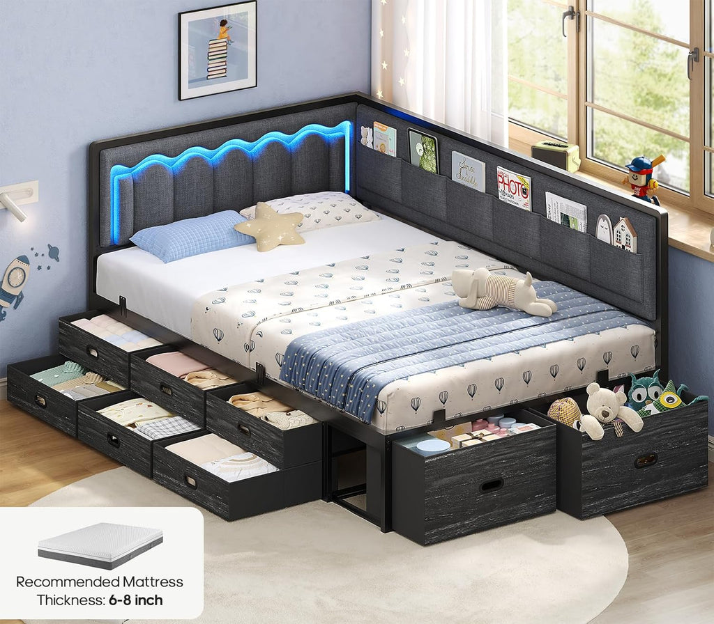 ADORNEVE Corner Bed Frame Twin with 8 Drawers, 6 Storage Pockets, Twin Daybed with Storage and RGB Wave Lights, Twin Size Platform Bed with L-Shaped Upholstered Guardrail for Kids Teen,Grey