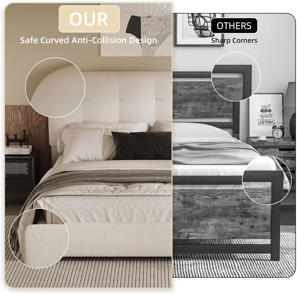 BarnFurin Full Size Bed Frame, Boucle Upholstered Platform Bed with Headboard, Cloud Bed Frame, Soft Rounded Corners, No Box Spring Required, Easy Assembly, White
