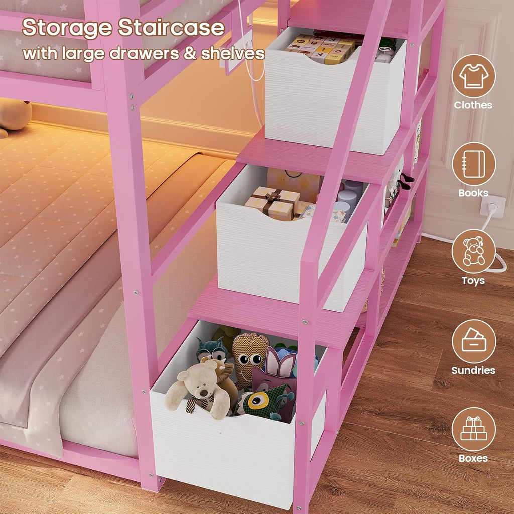 ADORNEVE Low Bunk Bed Twin Over Twin with Storage Stairs, Drawers & Shelves, RGB LED Lights Metal Floor Bunk with Power Outlet, Full-Length Guardrail & Metal Slats, for Small Space, Kids, Pink