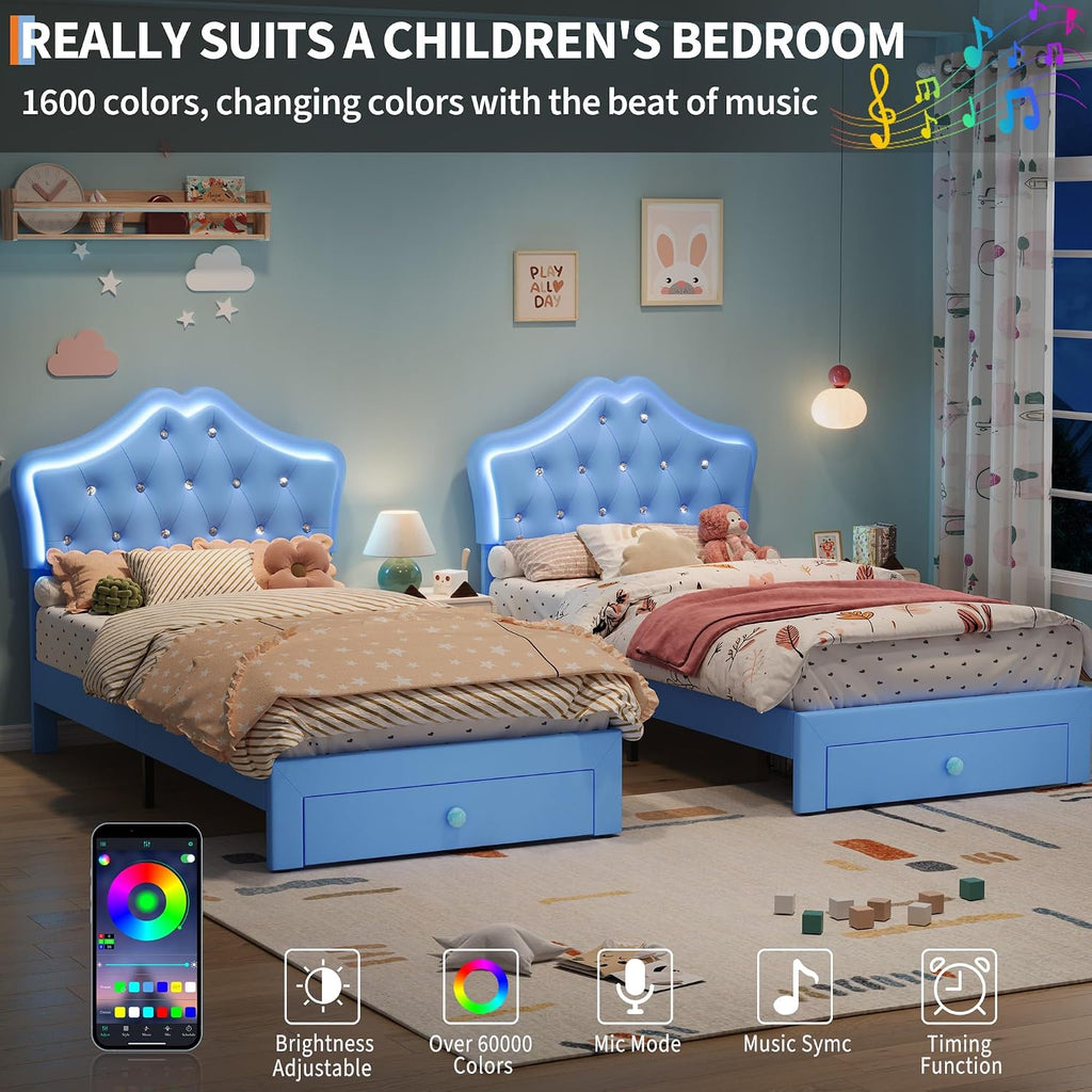 Garvee Twin Size Bed Frame with LED Lights & Velvet Crystal Button Headboard, Upholstered Boy/Girl Platform Bed with Storage Drawer, Noise Free, No Box Spring Needed for Kids, Teens, Blue