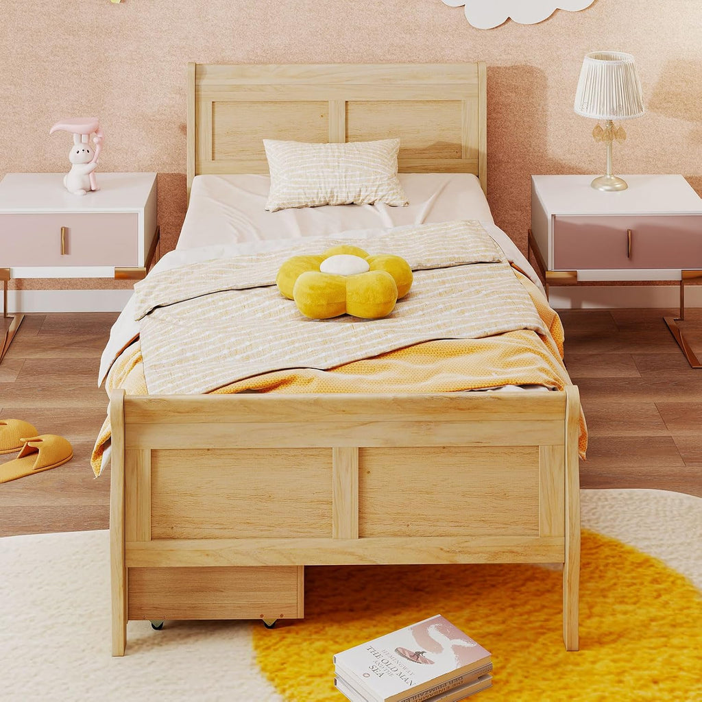 KOMFOTT Twin Bed with 2 Drawers, Twin Storage Bed with Headboard & Footboard, Sleigh Wood Bed Frame with Wooden Slats Support for Kids, Teens, Adults, No Box Spring Needed (Natural)