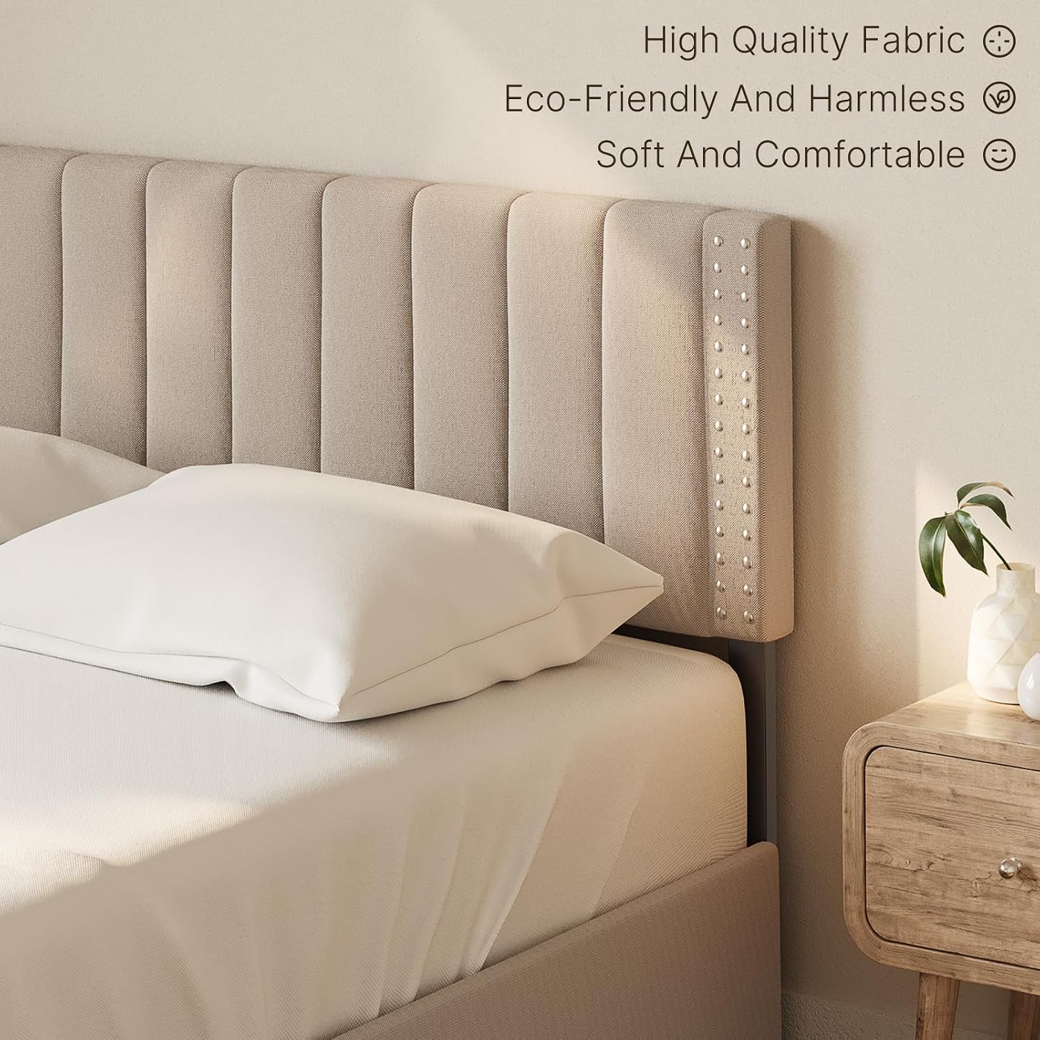 Gizoon Upholstered Full Bed Frame with 4 Storage Drawers, Headboard Adjustable, Noise Free, Wooden Slats Support, Fits 6' to 12' Mattress, No Box Spring Needed
