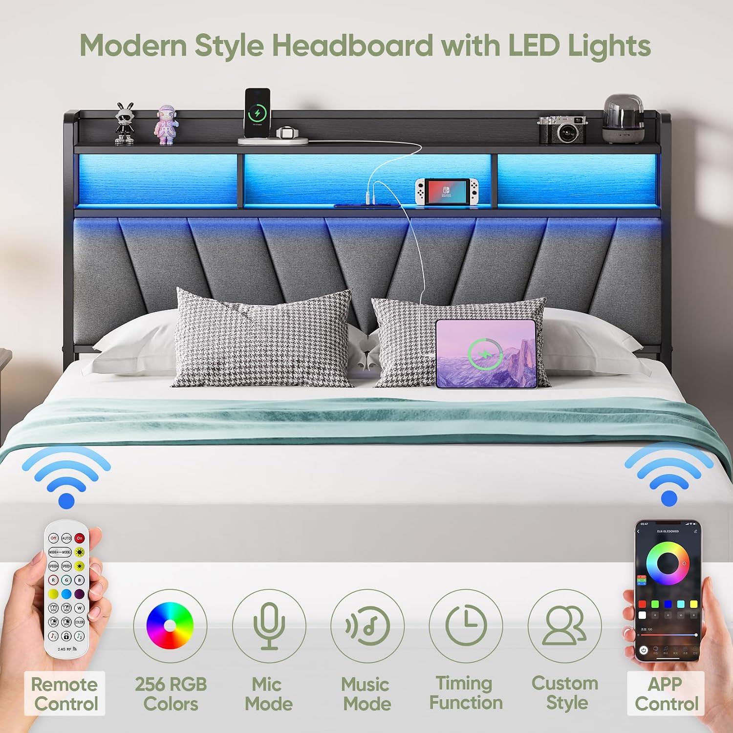 Full Bed Frame with Wood Headboard, Metal Platform Bed with LED Lights & Charging Station, 2-Tier Storage Shelves, Sturdy and Easy Assembly, Under Bed Space, No Box Spring Needed, Noise Free, Black