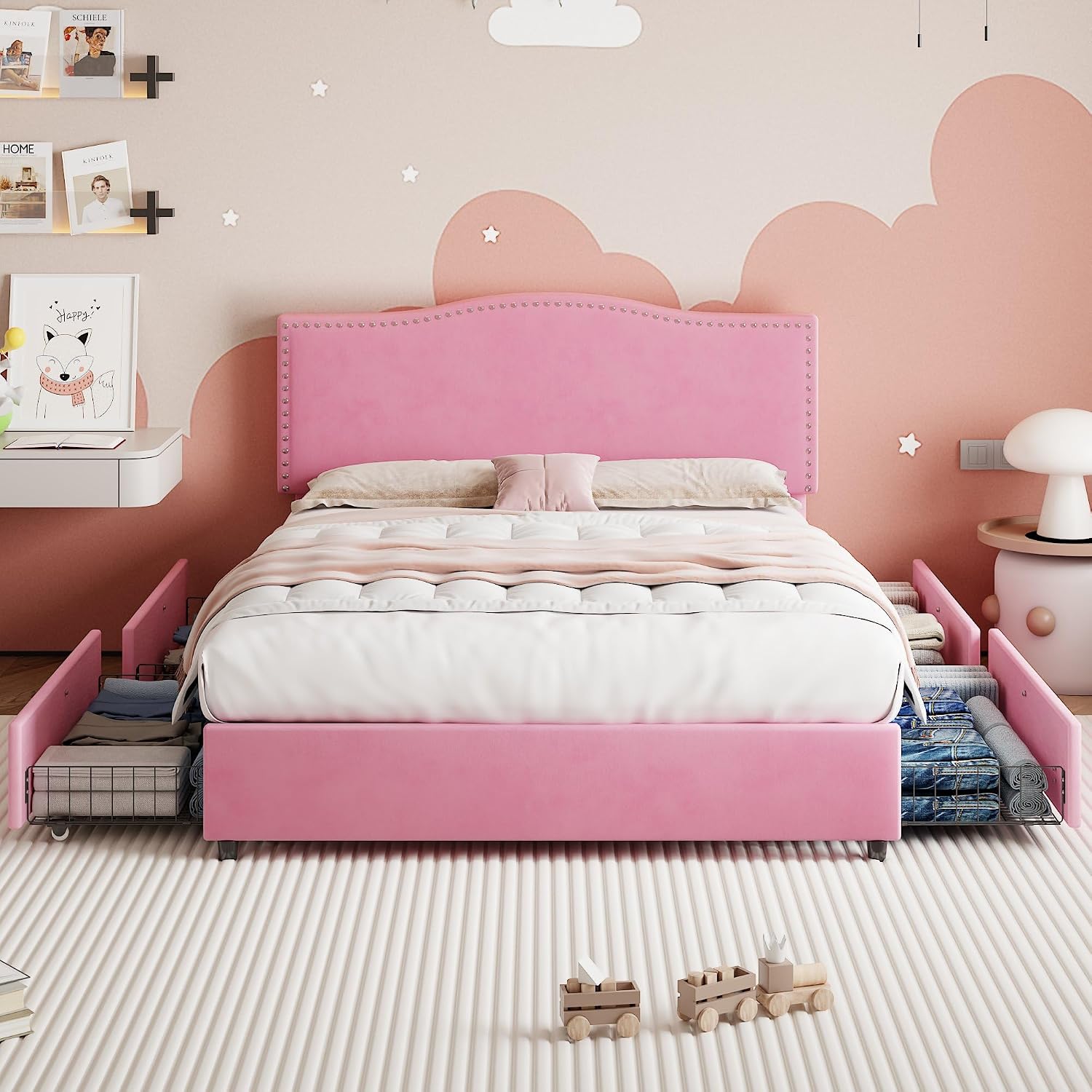 VECELO Queen Bed Frame Platform Bed Frame with Upholstered Headboard, 4 Storage Drawers, Strong Frame and Heavy-Duty Slats Support, Non-Slip and Noise-Free, Easy Assembly,Pink