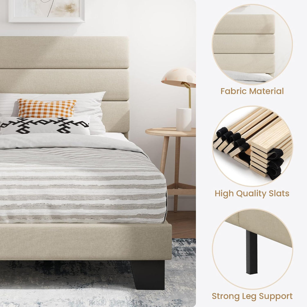 SHA CERLIN Twin Platform Bed Frame with Upholstered Fabric Headboard, Mattress Foundation with Strong Wooden Slats Support, No Box Spring Needed, Beige