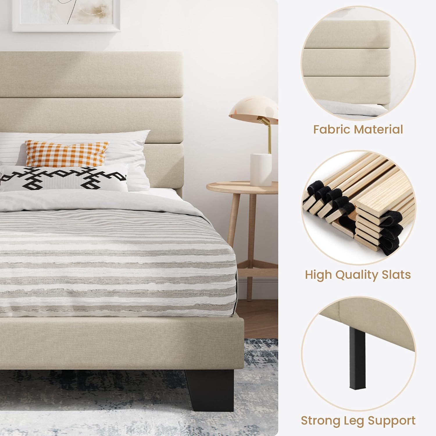 SHA CERLIN Twin Platform Bed Frame with Upholstered Fabric Headboard, Mattress Foundation with Strong Wooden Slats Support, No Box Spring Needed, Beige