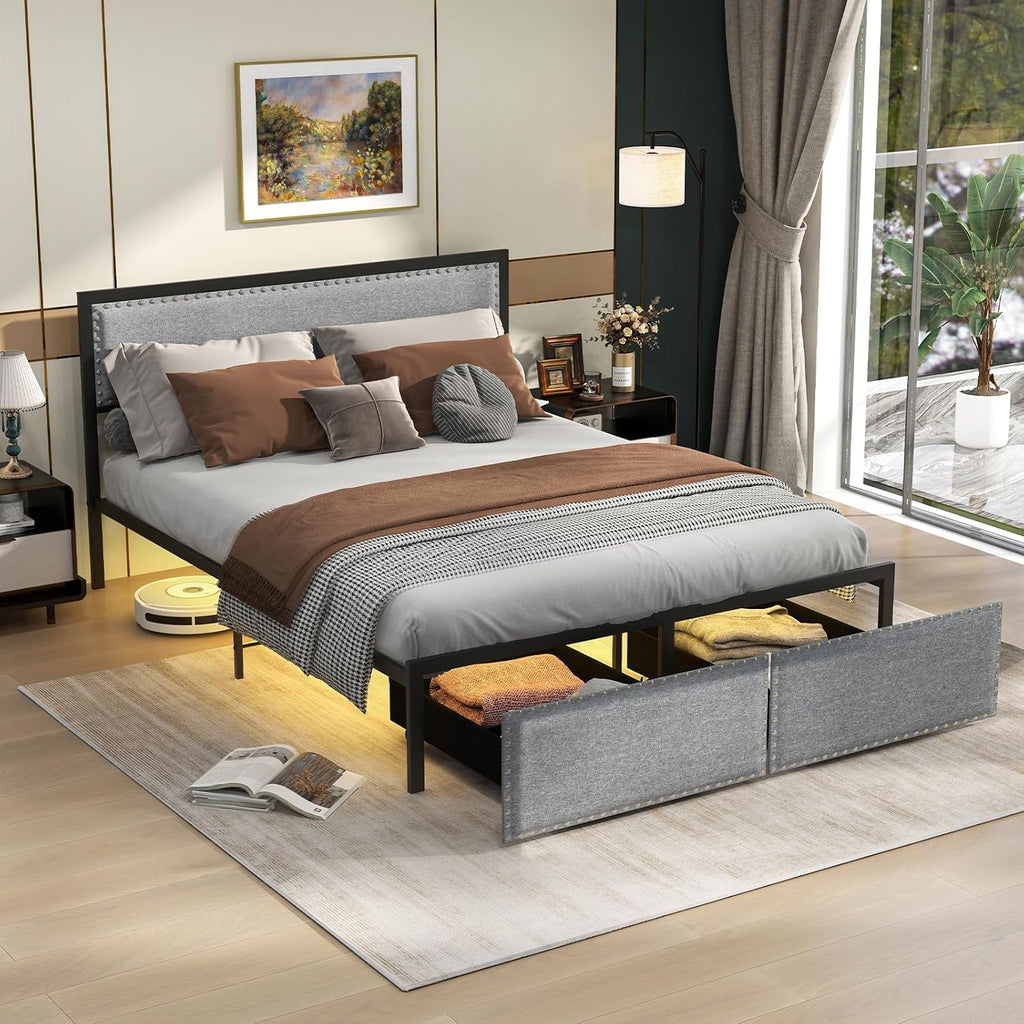 Giantex Queen Bed Frame with LED Lights and 2 Storage Drawers, Upholstered LED Platform Bed with Linen Fabric Headboard, Metal Slats Support, No Box Spring Needed, Light up Bed Frame, Grey