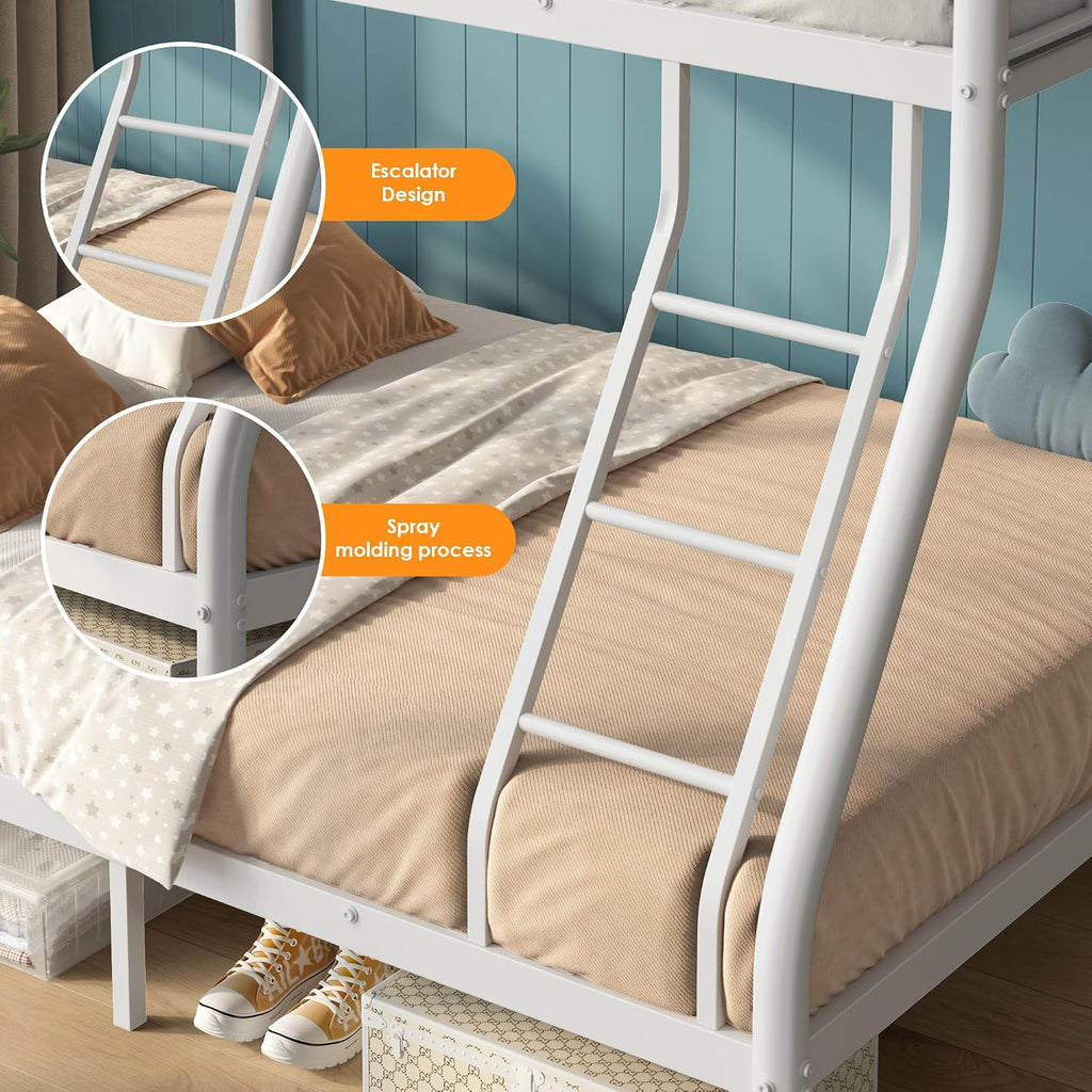 Bunk Beds Twin Over Full Size, Heavy Duty Bunk Beds with Bottom Space & Guardrail Metal Bunk Bed Frame for Adults - Dorm Bedroom Guest Room, No Box Spring Needed（Upgrate White）