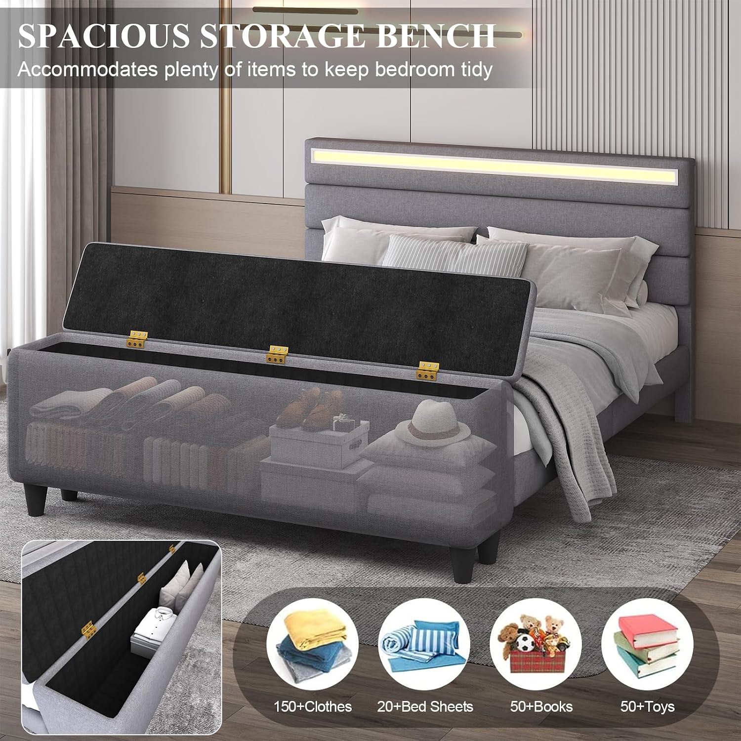 E-Motie Queen Size Bed Frame with Ottoman Storage, Upholstered Platform Bed with Headboard, LED Light & Charging Station, Solid Wooden Slats Support, No Box Spring Needed, Easy Assembly, Grey