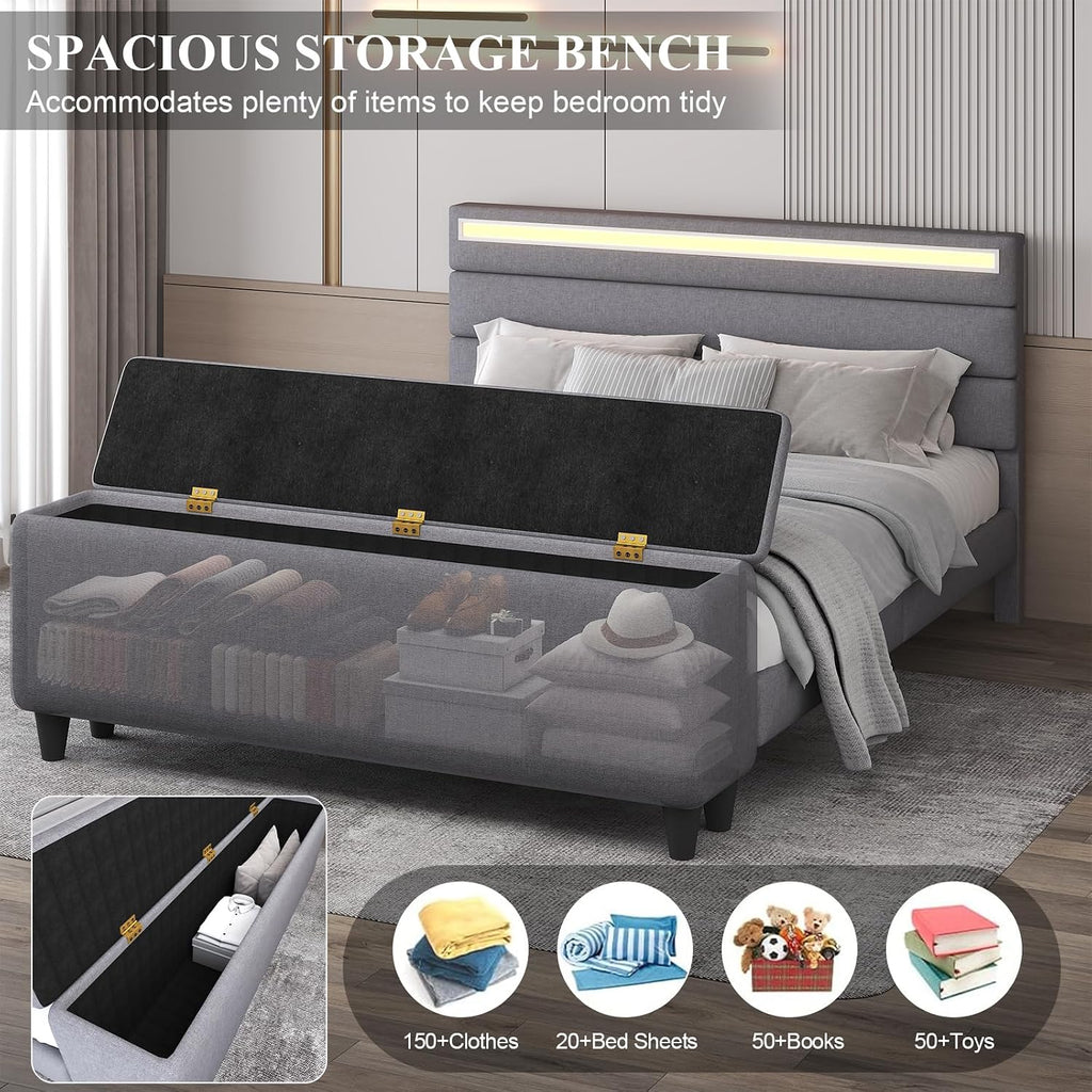 E-Motie Full Size Bed Frame with Ottoman Storage, Upholstered Platform Bed with Headboard, LED Light & Charging Station, Solid Wooden Slats Support, No Box Spring Needed, Easy Assembly, Grey