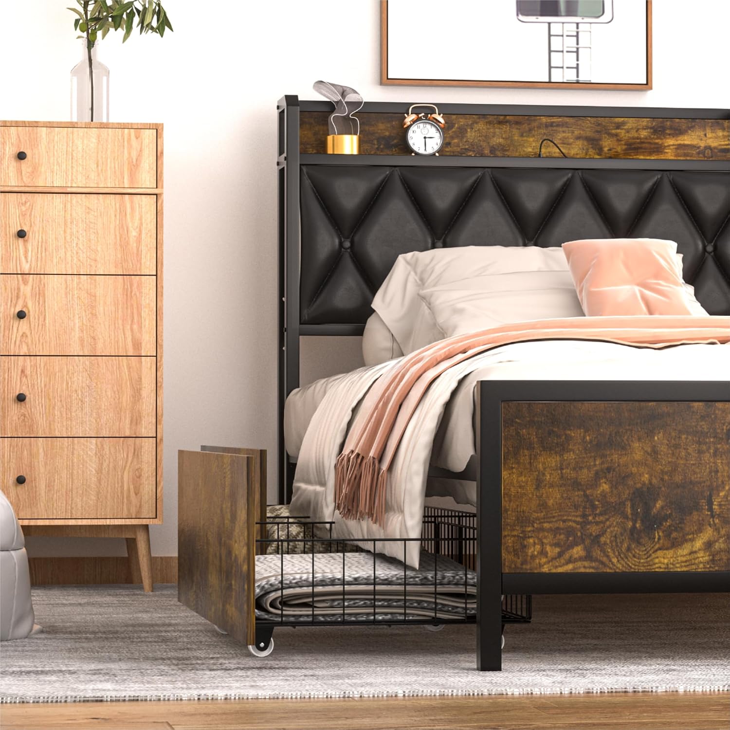 GAZHOME Queen Bed Frame with 4 Storage Drawers and Charging Station, Queen Size Upholstered Platform Bed Storage Headboard, No Box Spring Needed, Heavy Duty Slats, Noise Free, Easy Assembly