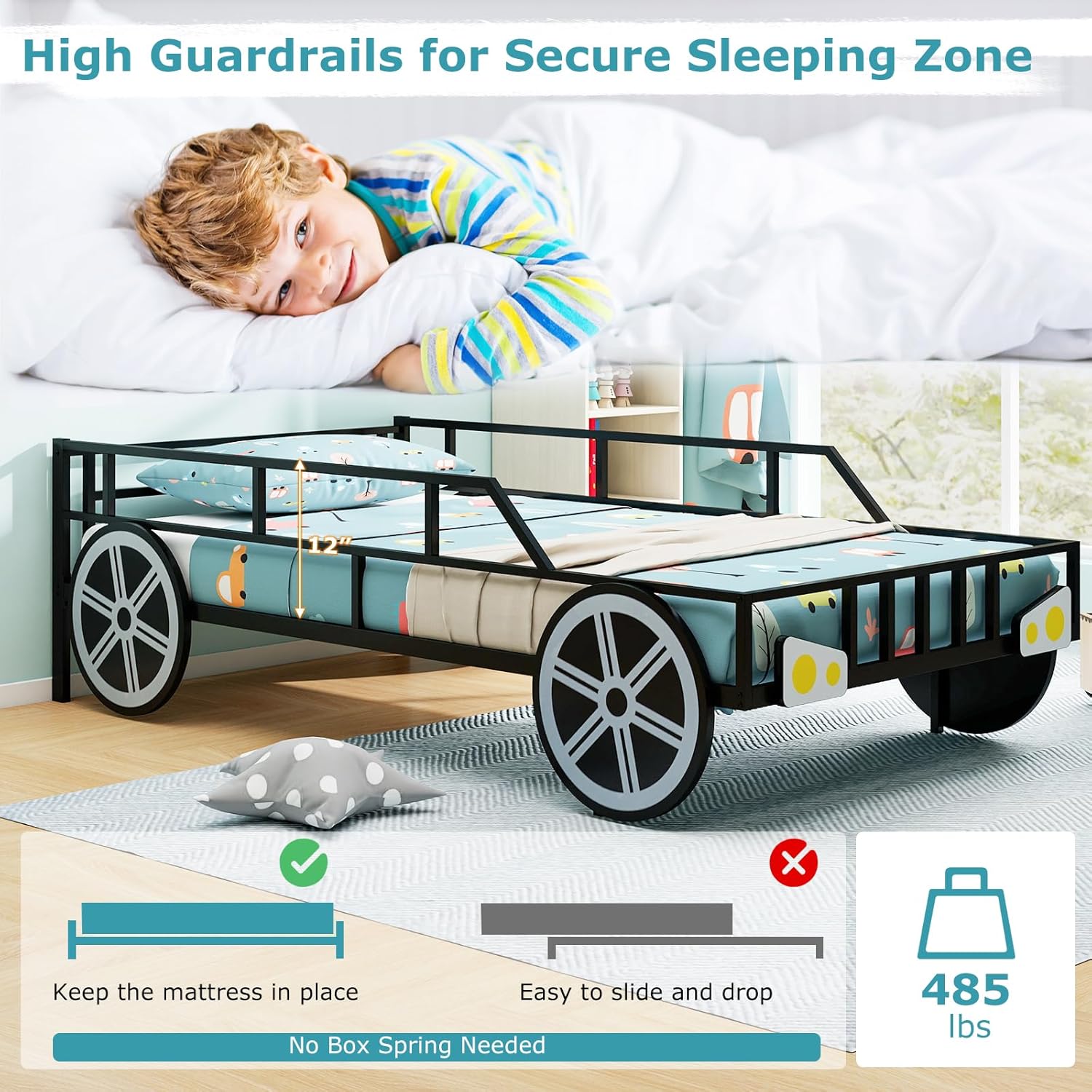Costzon Twin Bed Frames for Kids, Car-Shaped Metal Bed with Wheels Decorations, Safety Guardrails, No Box Spring Needed, Fits Standard Twin Mattress (Mattress Not Included), Twin Bed for Boys Girls