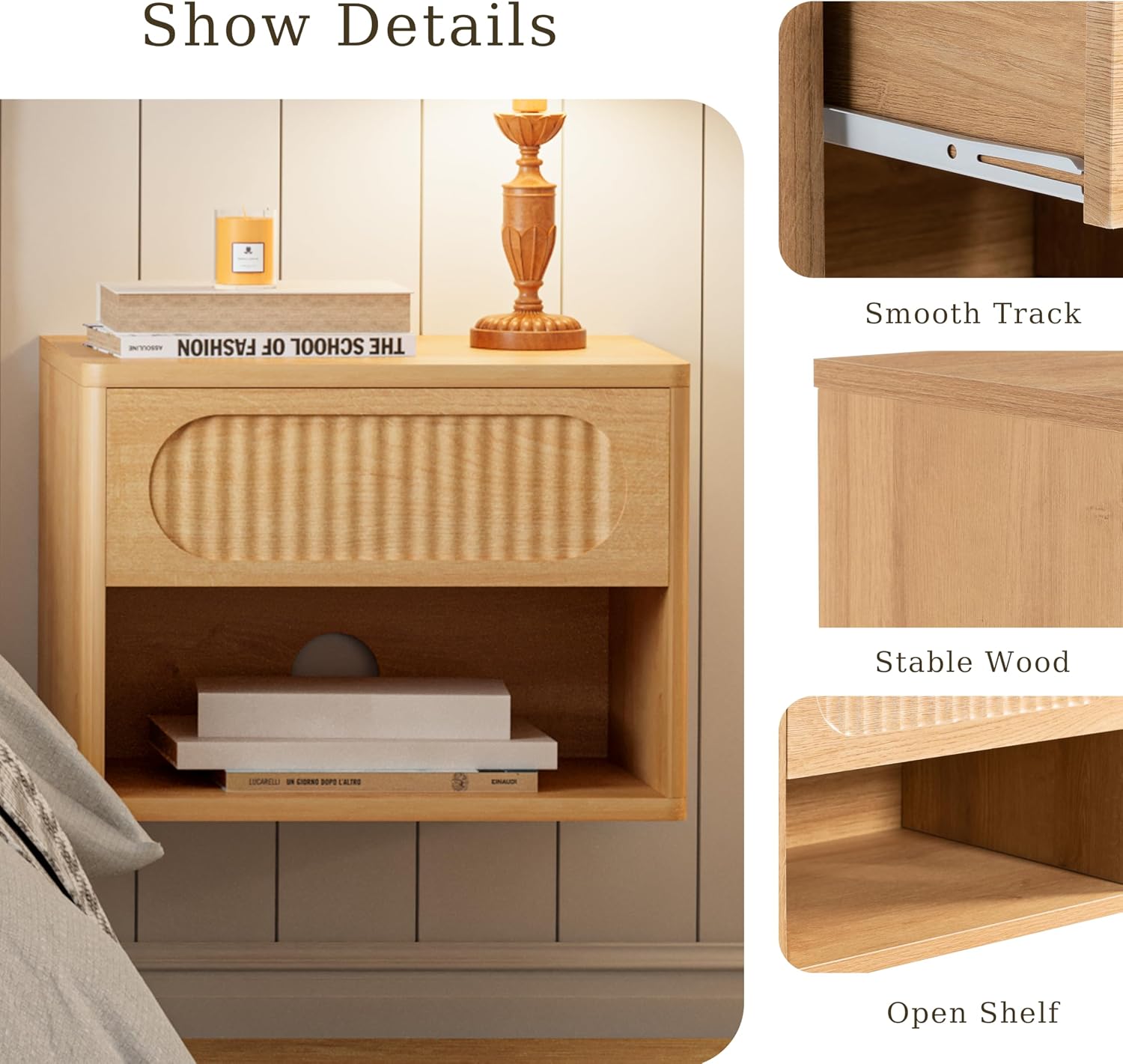 VDNEND Floating Nightstands with Drawer Set of 2, Modern Wall Mounted Bedside Tables for Bedroom, Space Saving Storage Cabinets, Easy Install Hanging Shelf Night Stands for Small Spaces (Natural)