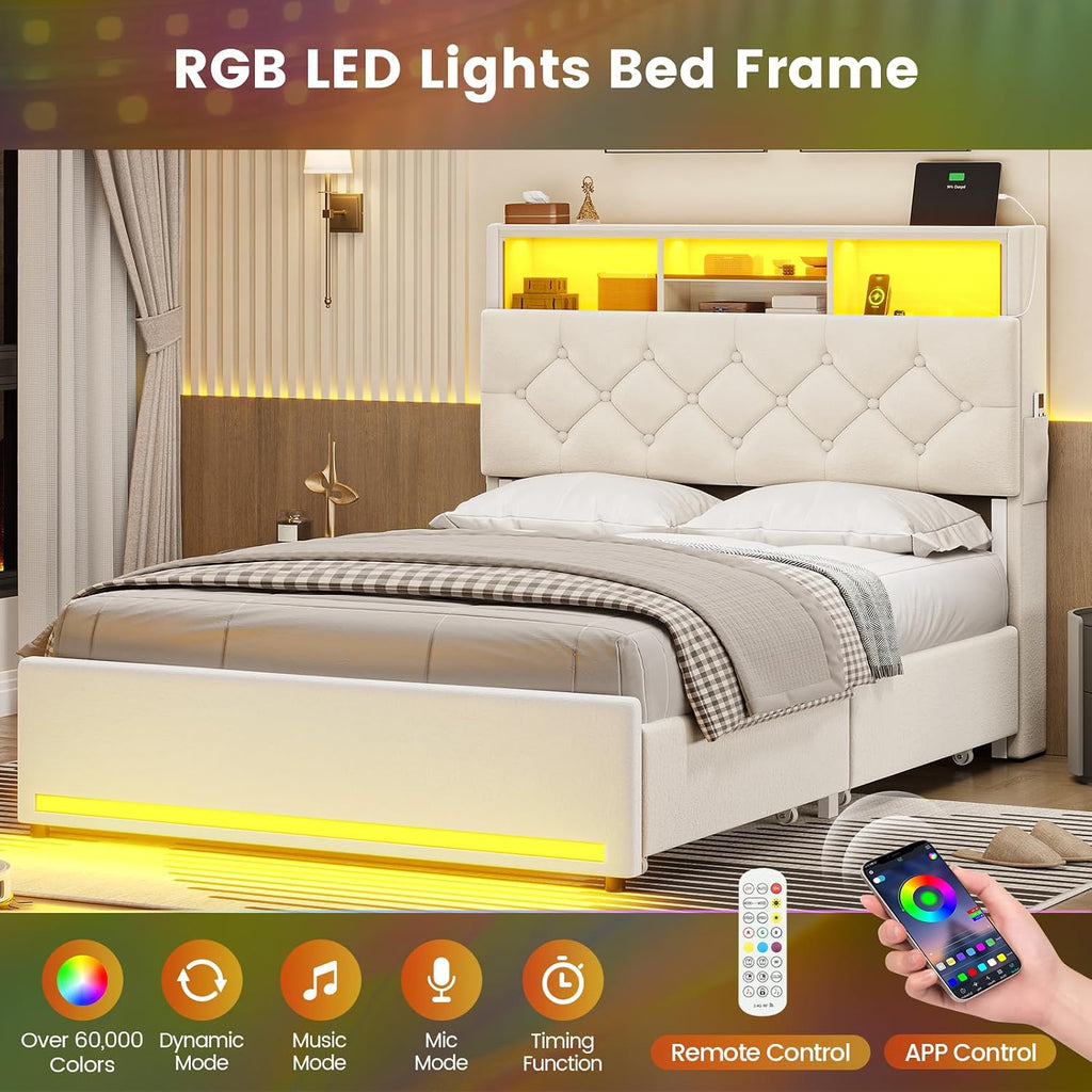 BTHFST Twin Bed Frames with Storage Headboard & 4 Drawers, LED Bed Frame Twin with Charging Station, Velvet Upholstered Bed with Metal Slats, No Box Spring Needed, Creamy White