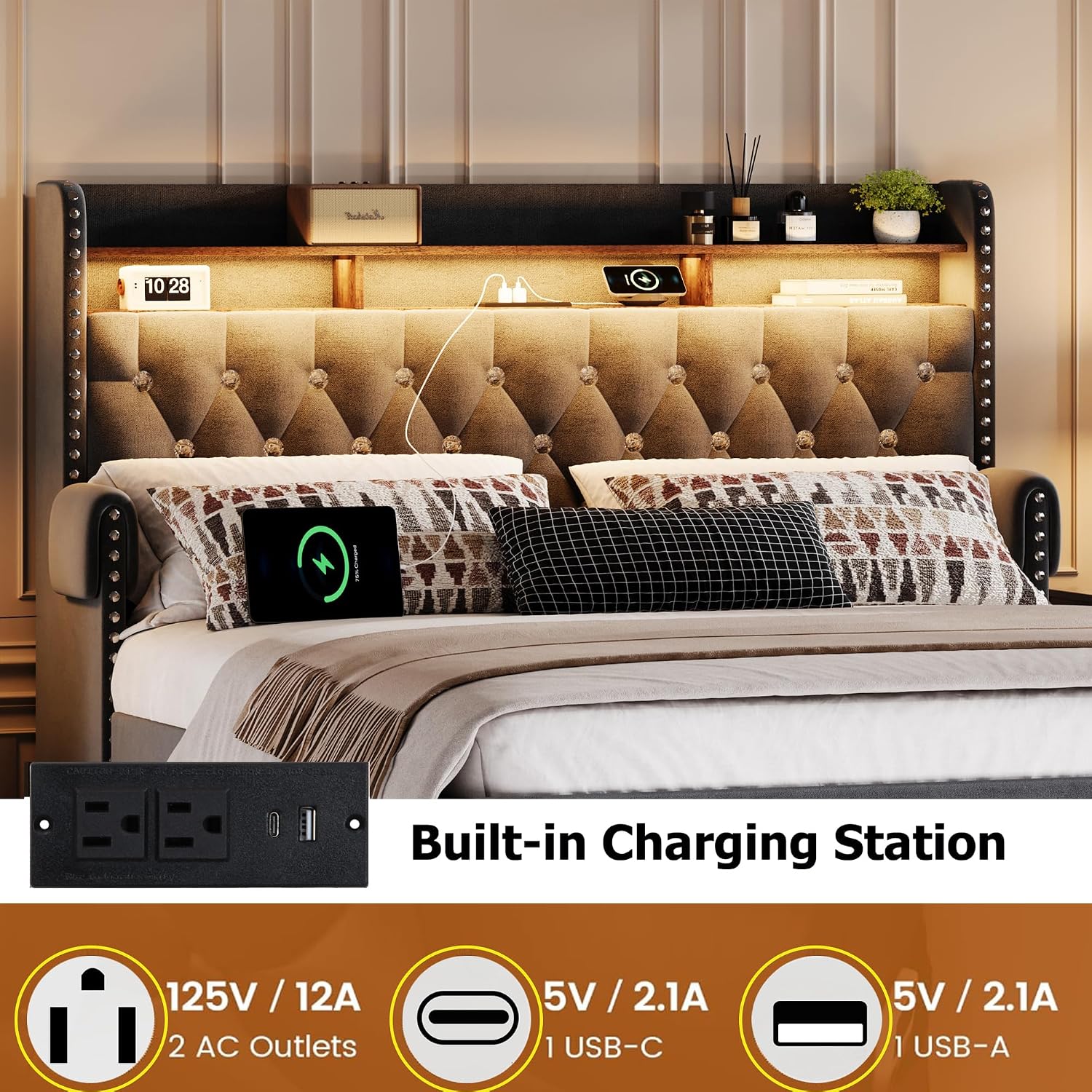 Ailisite Full Size Bed Frame with 4 Storage Drawers and RGB Led Lights,Velvet Upholstered Full Platform Bed with Charging Station and Bookcase Storage Headboard, with Crystal and Rivet Deco, Grey