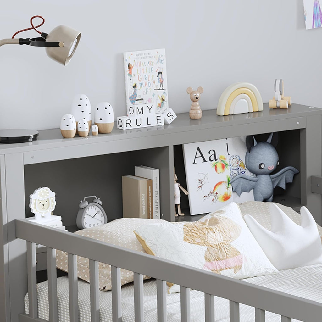 VilroCaz Wood Twin Size Platform Bed with Safety Fence for Kids Boys Girls, Platform Bed Frame with Practical Headboard and 2 Under-Bed Drawers, Sturdy Slats Support (Gray-3.15)
