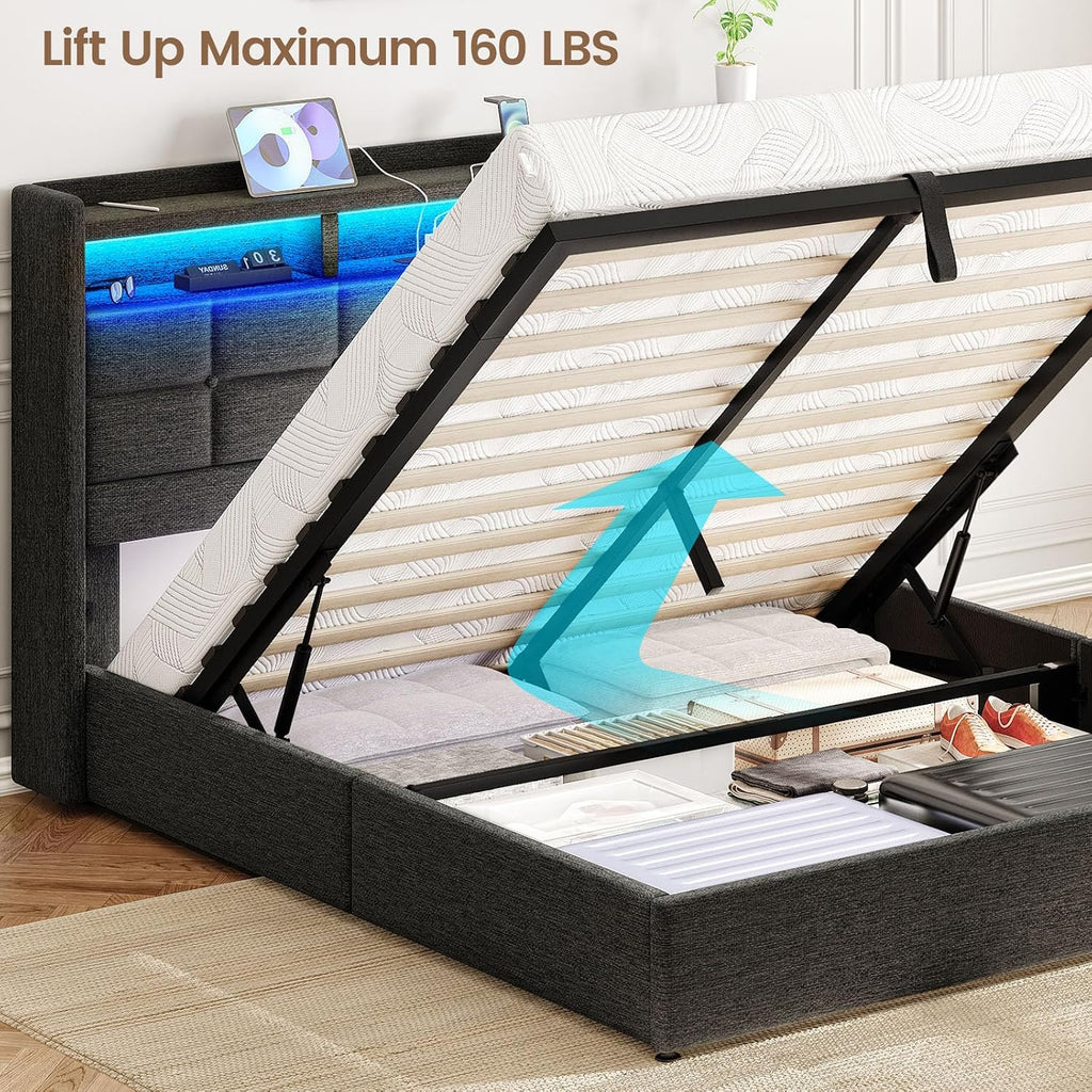 Driftalia Lift Up Full Size Bed Frame with Storage, Upholstered Full Bed Frame with LED Lights Headboard and Charging Station, No Box Spring Needed, Easy Assembly - Dark Grey