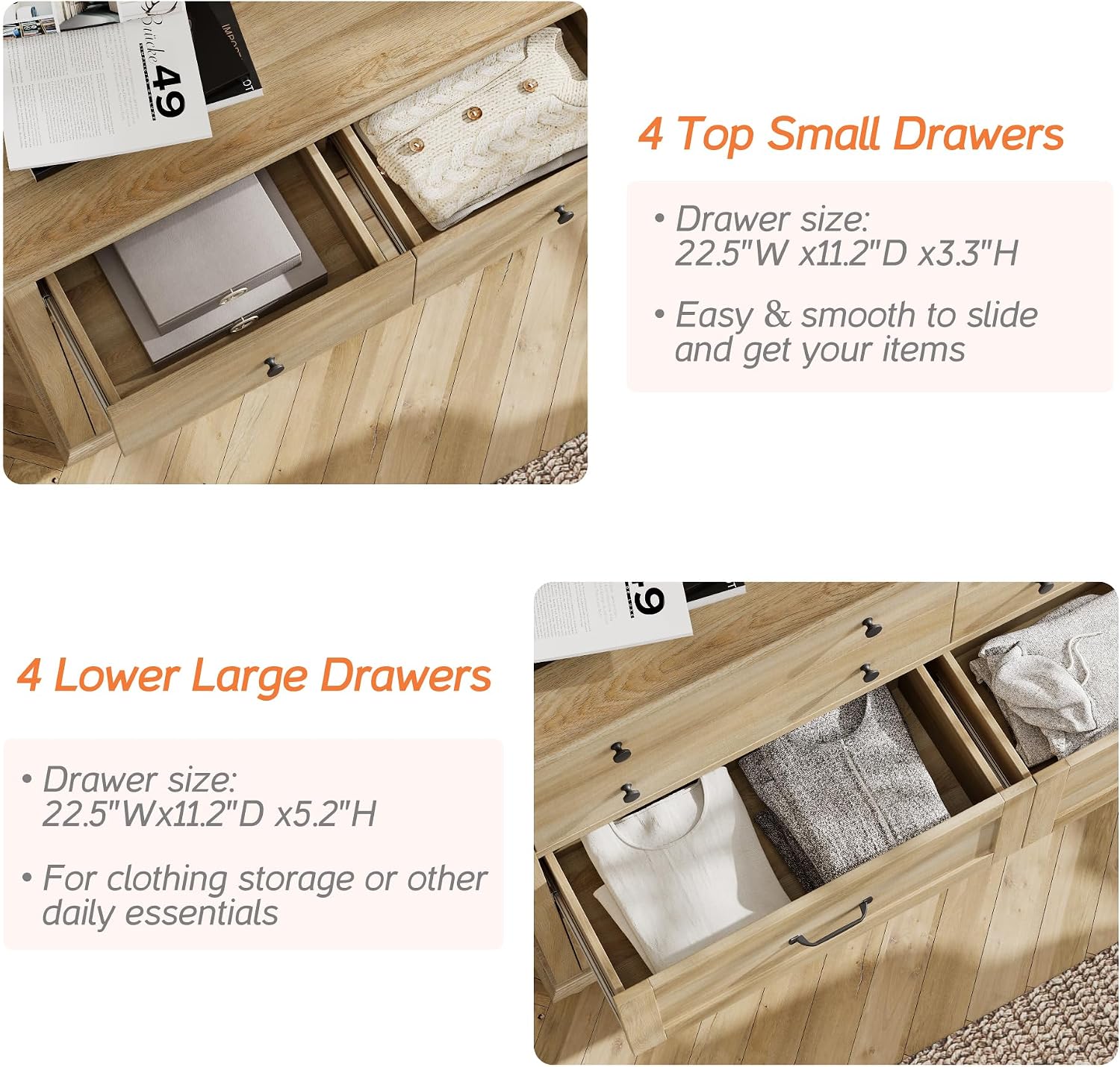 WAMPAT 3 Piece Bedroom Set - Includes Farmhouse 8 Drawer Dresser, Set of 2 Bedside Tables with Charging Station & Shelf, 3 Piece Dresser and Nightstand Sets, Oak
