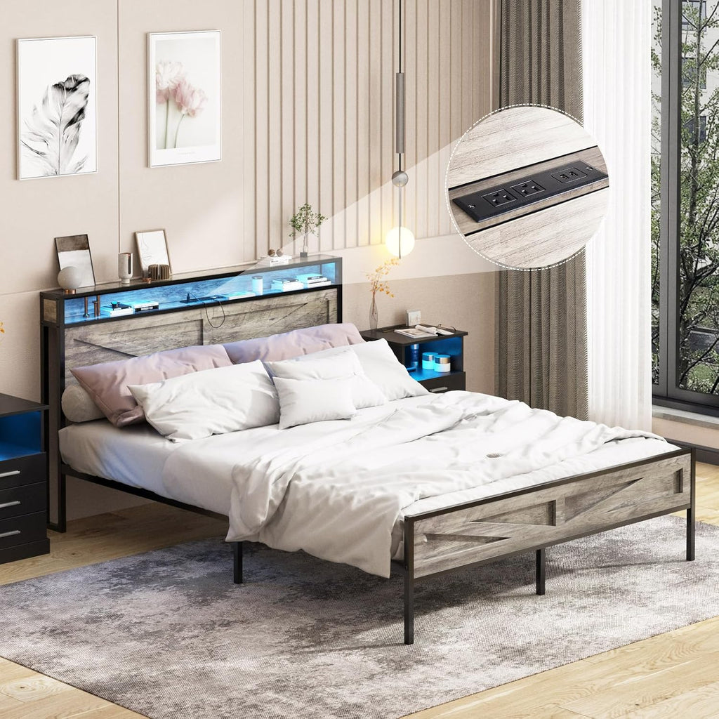 Halitaa LED King Size Bed Frame with Charging Station, Platform Metal Bed with Headboard Storage & USB Ports Outlets, Farmhouse Bed Frame with Lights for Bedroom, Noise Free, Wash Grey (King)